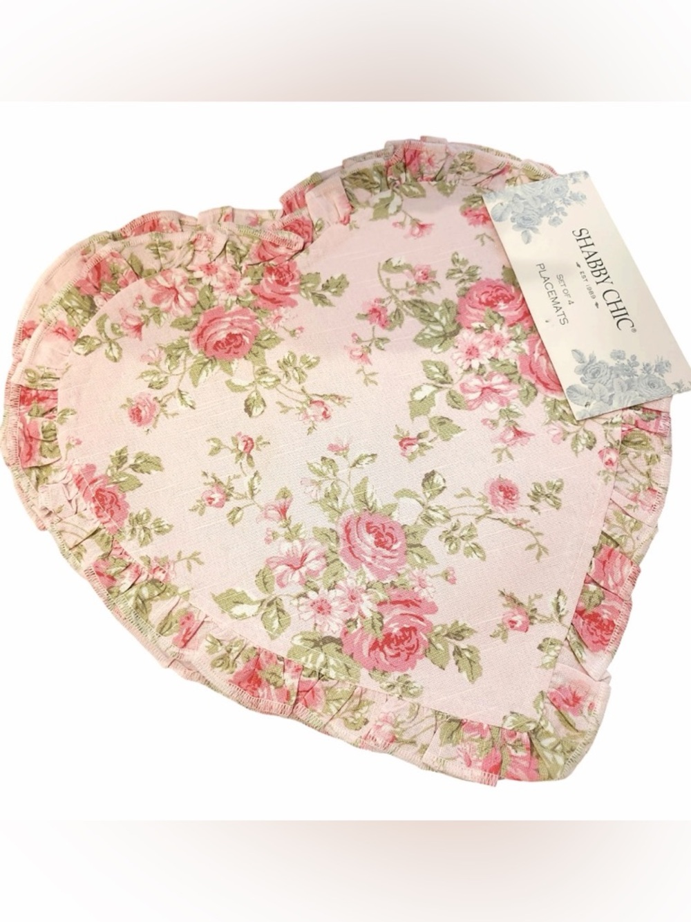 Shabby Chic Pink Rose Heart-Shaped Placemat Set- 4 placemats